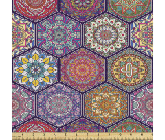 Mandala Parça Kumaş Altıgen Şekiller İçinde Çiçeksi Süslemeler