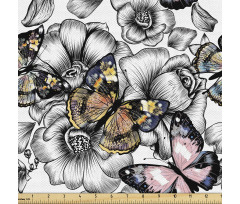 Doğa Parça Kumaş Siyah Çiçek Desenleri ve Rengarenk Kelebekler