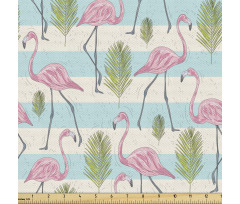 Tropikal Parça Kumaş Çizgili Fonda Flamingo ve Yaprak Çizimleri