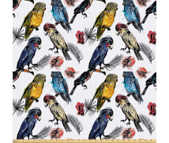 Kuş Mikrofiber Parça Kumaş Tekrarlanmış Dallara Konmuş Papağan Çizimleri