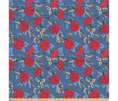 Floral Mikrofiber Parça Kumaş Mavi Benekli Arka Plan Kırmızı Çiçek Desenli