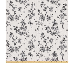 Monokrom Mikrofiber Parça Kumaş Siyah Beyaz Botanik Çiçek Dalları Deseni