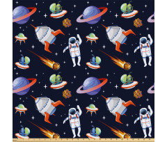 Karikatür Mikrofiber Parça Kumaş Astronot Roket Göktaşı Yıldızlar ve Ufo