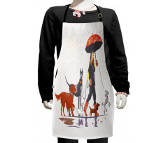 Girl with Dogs in Rain Kids Apron