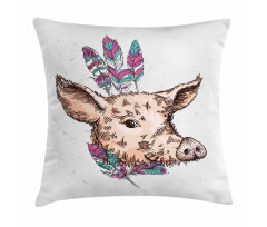 Pig Portrait Feathers Pillow Cover