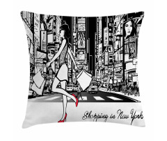 Lady Passing Crowded City Pillow Cover