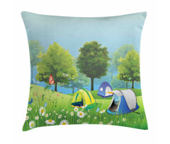 Tents in Spring Forest Pillow Cover