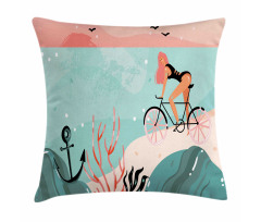 Woman Cycling in Sea Pillow Cover