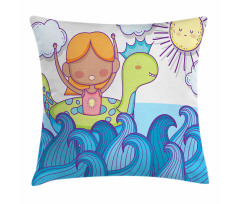 Swimming Wheel Girl Waves Sun Pillow Cover