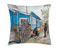 Hand Drawn Humans and House Pillow Cover