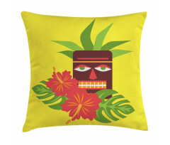 Tiki Mask and Exotic Hibiscus Pillow Cover