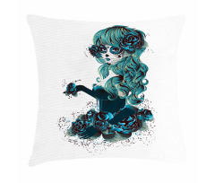 Grunge Skull Girl Roses Pillow Cover