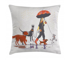 Girl with Dogs in Rain Pillow Cover