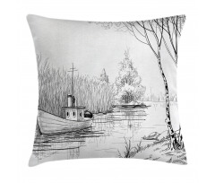 Black White Boat River Pillow Cover