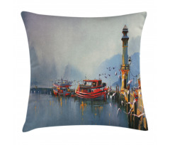 Harbor Boats and Birds Pillow Cover