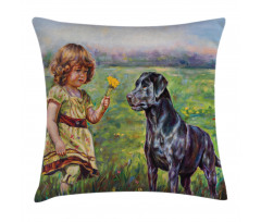 Flower Dog with a Girl Pillow Cover