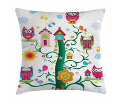 Owls on Tree with Dots Pillow Cover