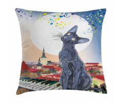 Cat on Rooftop Sunset Music Pillow Cover