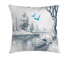Boat on River Drawing Pillow Cover