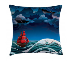 Cartoon Ship on Waves Pillow Cover