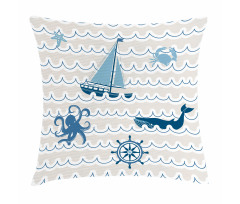 Cartoon Ship Whale Waves Pillow Cover