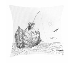 Fisherman on Boat Sketch Pillow Cover