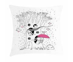 Birds Rabbits Tree Rainy Pillow Cover