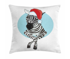 Yeniyıl Minder Kılıfı Mavi Daire İçinde Noel Baba Şapkalı Zebra 