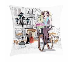 Lady Rides Bicycle Roses Pillow Cover