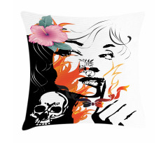 Pink Flower and Skull Pillow Cover