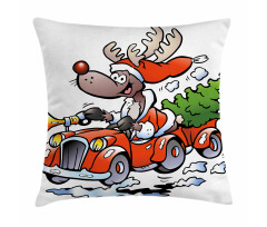 Reindeer in Red Car Pillow Cover