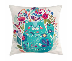 Kitty with Flower and Bird Pillow Cover