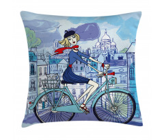 Woman on Bicycle with Cat Pillow Cover