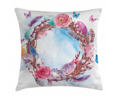 Floral Wreath Feathers Pillow Cover
