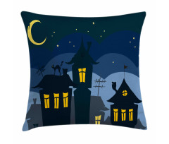 Cartoon Town with Cat Pillow Cover