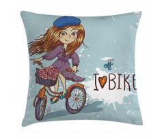 Cartoon Girl with Bike Pillow Cover