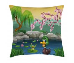 Duck and Frog in a Lake Pillow Cover
