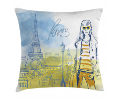 Girl at the Eiffel Tower Pillow Cover