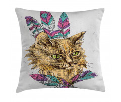 Cat with Colorful Feathers Pillow Cover