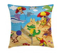 Cartoon Animals on Beach Pillow Cover