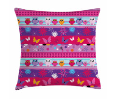 Cartoon Owls and Flowers Pillow Cover
