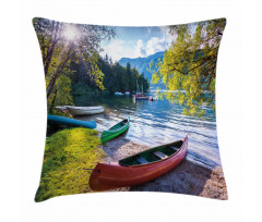 Bohinj Lake with Boats Pillow Cover