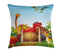 Cartoon Dinosaurs in Park Pillow Cover