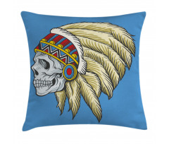 Skull with Feathers Folk Pillow Cover
