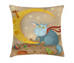 Cat Mouse Crescent Moon Pillow Cover