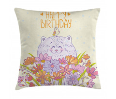 Happy Cat Bird Flowers Pillow Cover