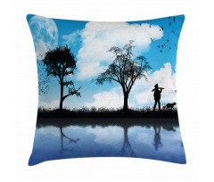 Man Dog Lake Tree Moon Pillow Cover