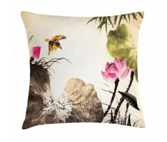 Bird Jumping into Lotus Pillow Cover