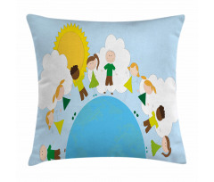 Smiling Kids on Planet Pillow Cover