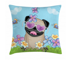 Puppy on the Field Flowers Pillow Cover